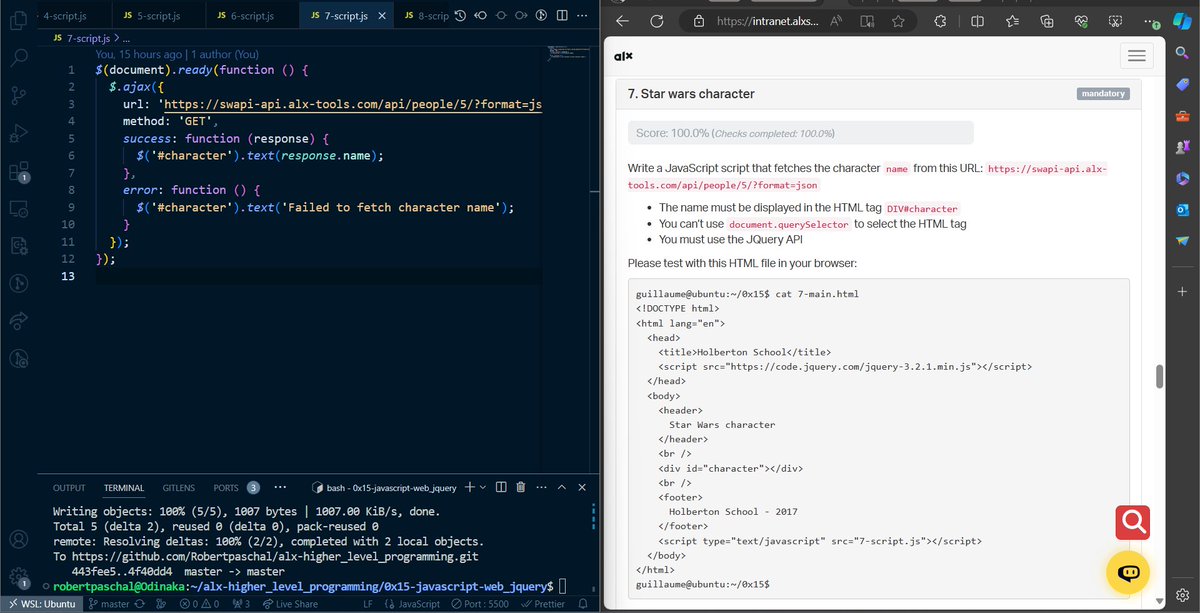 paschals_robert's tweet image. Finally, I started using the JQuery API to make changes to the DOM. For this particular task, I used AJAX to fetch a text from the URL in the background and write it on the HTML tag with the 'character' ID.
GitHub: github.com/Robertpaschal/…
#ilovejquery #100DaysOfALXSE #ALX_SE