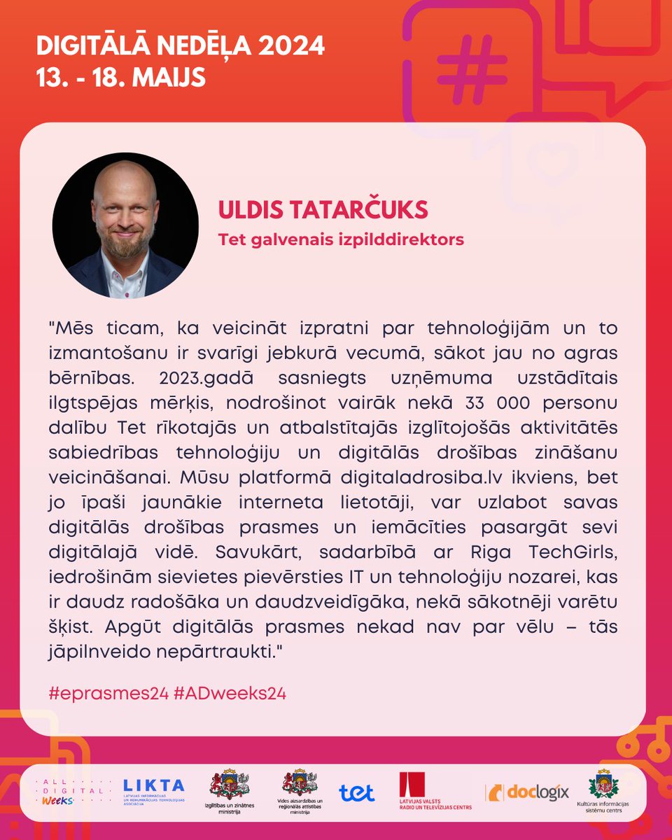 👉“Digitālā nedēļa 2024” tiks atklāta 13. maijā, šī diena būs veltīta mākslīgajam intelektam, kas ķļūst arvien nozīmīgāks katra uzņēmuma un iedzīvotāja ikdienā.
Plašāka informācija 👉 likta.lv/jau-piecpadsmi…
#eprasmes24 #adweeks24
