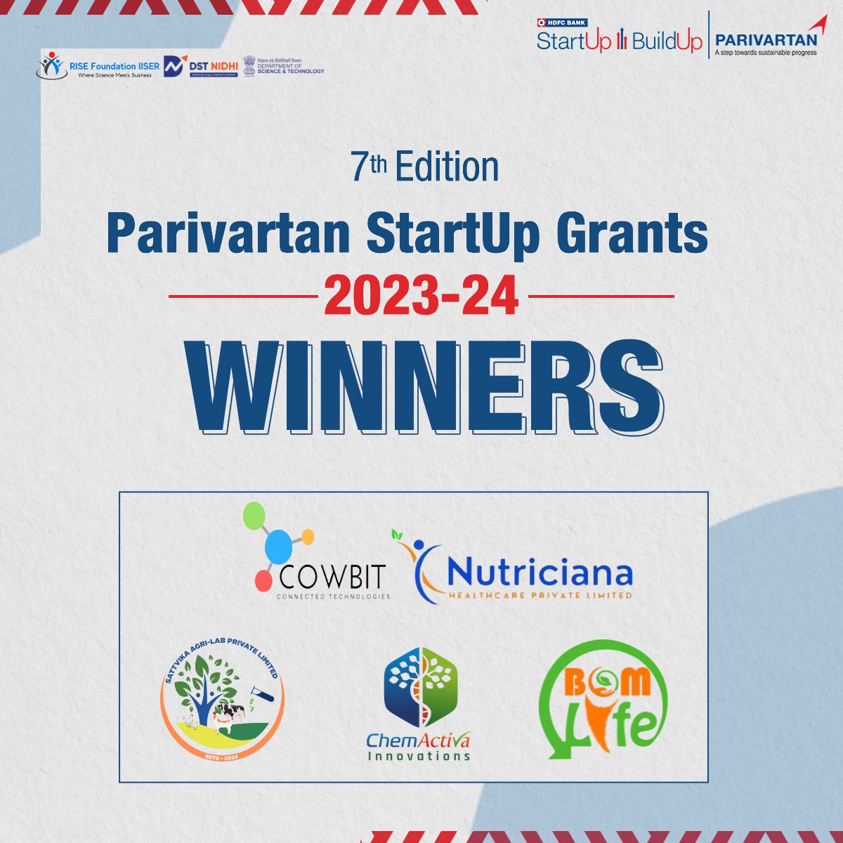 We are pleased to announce the winners of the @HDFC Bank - @Parivartan StartUp Grants 2024. The program contributes towards social development in India by supporting emerging innovative startups working in the social space via incubators.
#HDFCBank #SocialImpact #CSR #Parivartan