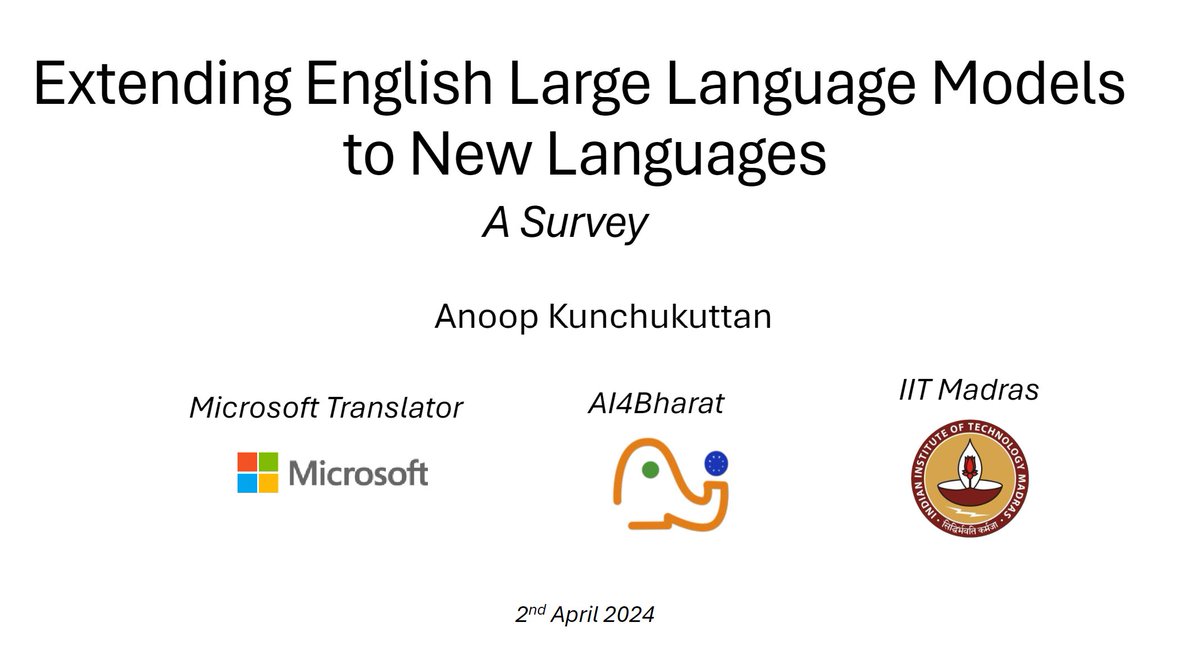 How can we extend the capabilities of English LLMs to other languages? Sharing a survey that I did recently of the literature in this area: anoopkunchukuttan.gitlab.io/publications/p…