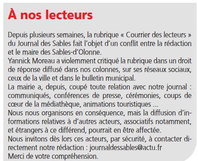 Le Club de la presse de Vendée ne peut que déplorer et condamner l'attitude du maire des Sables d'Olonne, Yannick Moreau, qui a décidé de "blacklister" le <a href="/JdSables/">Journal des Sables</a> bafouant ainsi la liberté d'expression, la liberté de la presse, condition indispensable à une saine démocratie.