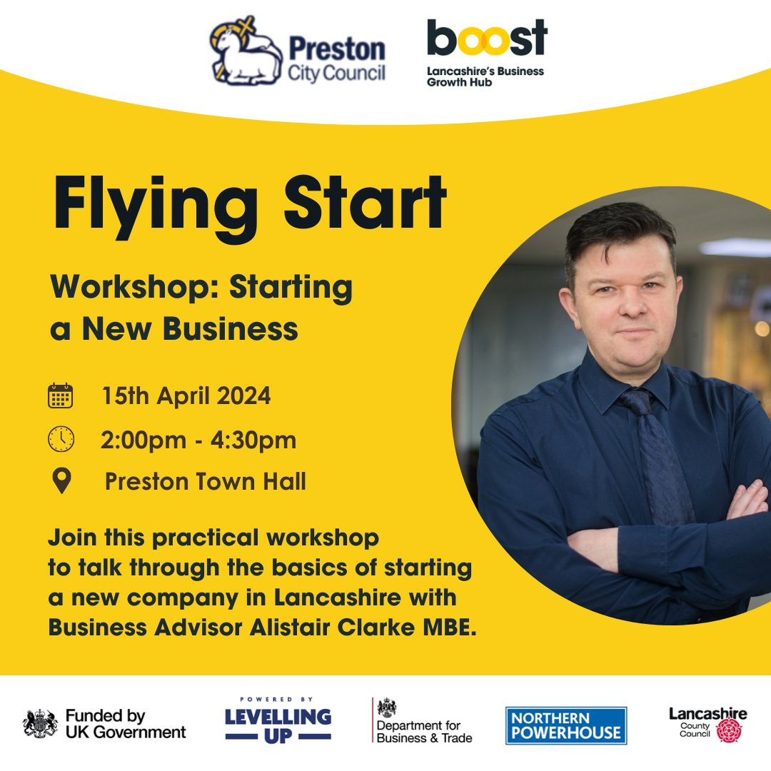 💡Idea for a new business but lots of questions to ask? ℹ️ Join @BoostInfo Flying Start workshop with Alistair Clarke MBE and @prestoncouncil on 15th April - book here: boostbusinesslancashire.co.uk/events/boost-f… #useboost #growinglancashirebusinesses #helpingbusinessesthrive #growthconversation