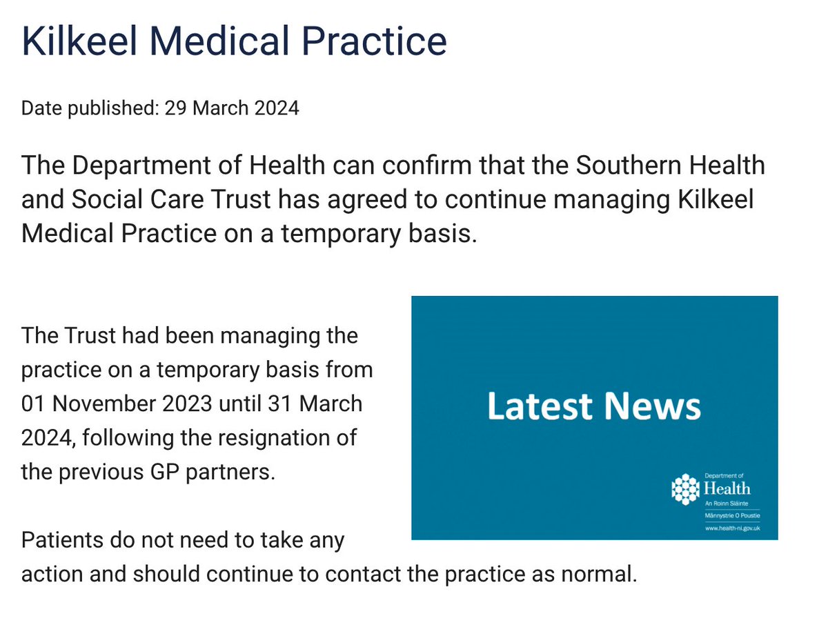 While it is welcome that @SouthernHSCT will continue to manage Kilkeel Medical Practice, I am concerned for long term sustainability of this. Minister needs to address general practice and how GPs are supported. 
@BMA_NI @rcgp_ni @AlanStout19 #generalpractice