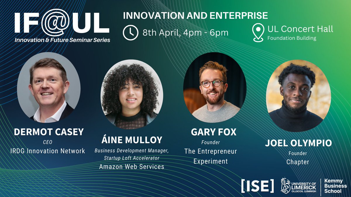 IF@UL Seminar Series continues Monday 8th April with another excellent line-up of speakers. 

The final event in this series takes place in UL Concert Hall from 4pm to 6pm.  Limited tickets are available to UL students and Staff here: eventix.shop/dx78d99x