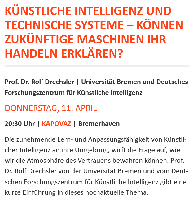 Rolf_Drechsler's tweet photo. #KuenstlicheIntelligenzNächste Woche bei #SCIENCEGOESPUBLIC im #KAPOVAZ in #Bremerhaven ab 20:30 Uhr: "Künstliche Intelligenz und technische Systeme – können zukünftige Maschinen ihr Handeln erklären?" https://t.co/b04yrDwA0j
@agra_uni_bremen @DFKI @DSC_unibremen @PierdW https://t.co/7FbcDu6V5o