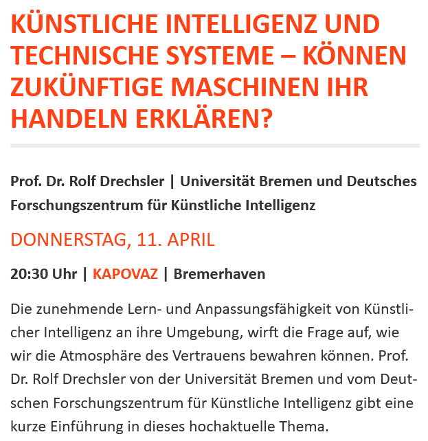 #KuenstlicheIntelligenzNächste Woche bei #SCIENCEGOESPUBLIC im #KAPOVAZ in #Bremerhaven ab 20:30 Uhr: 'Künstliche Intelligenz und technische Systeme – können zukünftige Maschinen ihr Handeln erklären?' sciencegoespublic.de/programm/kuens…
@agra_uni_bremen @DFKI @DSC_unibremen @PierdW