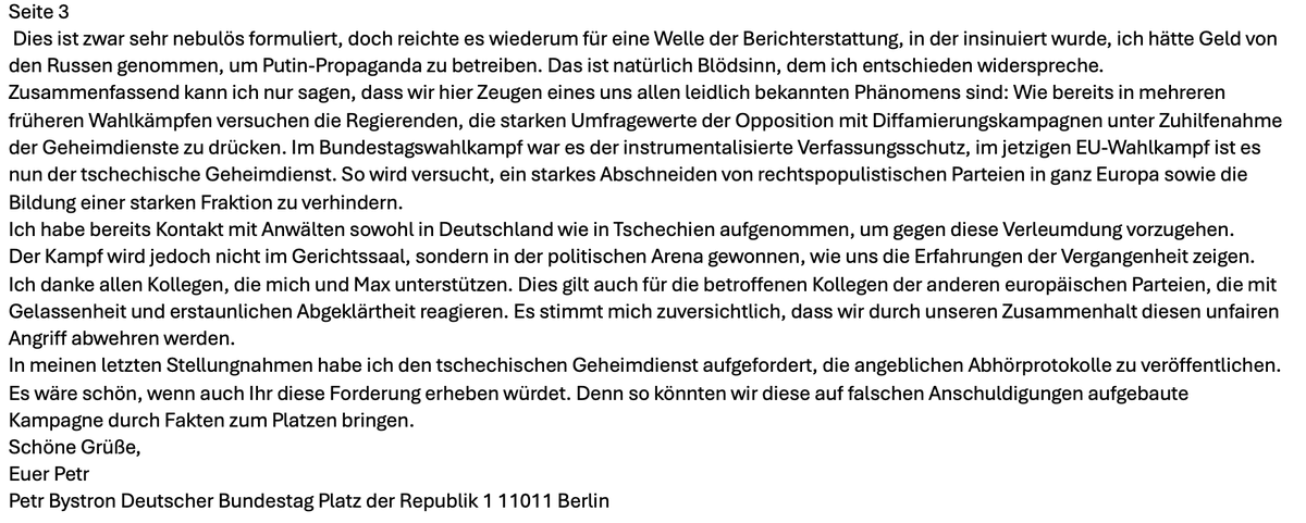 Petr Bystron äußert sich zu den Vorwürfen russischer Zahlungen: Er habe 'zu keinem Zeitpunkt von einem Mitarbeiter von VoE (oder irgendeinem Russen) Geldzahlungen oder Kryptowährungen bekommen'. Außerdem habe er Anwälte kontaktiert, 'um gegen diese Verleumdung vorzugehen'