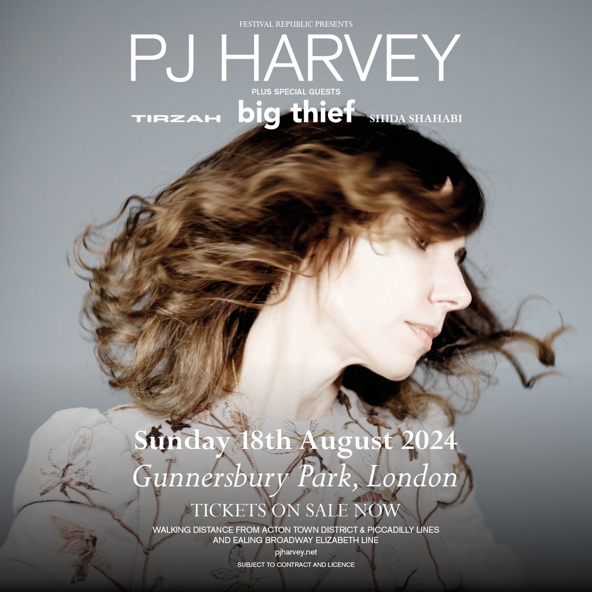 Don't miss @PJHarveyUK when she headlines London’s Gunnersbury Park this August for her biggest show to date! Supported by @bigthiefmusic, Tirzah and @ShahabiShida. Tickets now on sale! 👉 bit.ly/3U3IehC