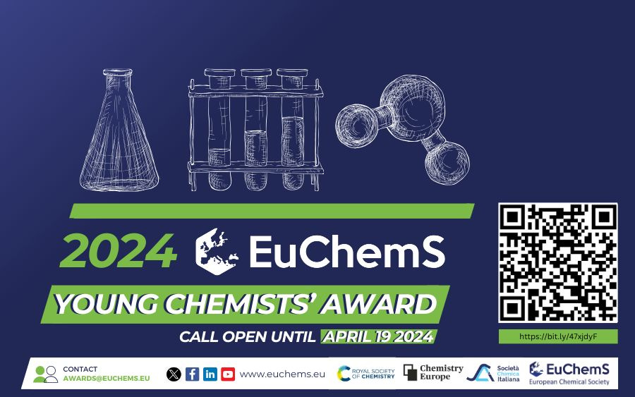 EuChemS (@euchems) on Twitter photo ⏰❗Two weeks until the deadline of EuChemS Young Chemists' Award (EYCA)
If you are a young researcher, and have an oral abstract submitted to <a href="/EuChemS_Congres/">10th EuChemS Chemistry Congress</a>, apply until 19 April ⤵️
euchems.eu/awards/europea…
#EYCA is kindly sponsored by <a href="/SocChimIta/">Società Chimica Italiana</a>, <a href="/ChemEurope/">Chemistry Europe</a> and <a href="/RoySocChem/">Royal Society of Chemistry</a> ⏰❗Two weeks until the deadline of EuChemS Young Chemists' Award (EYCA)
If you are a young researcher, and have an oral abstract submitted to <a href="/EuChemS_Congres/">10th EuChemS Chemistry Congress</a>, apply until 19 April ⤵️
euchems.eu/awards/europea…
#EYCA is kindly sponsored by <a href="/SocChimIta/">Società Chimica Italiana</a>, <a href="/ChemEurope/">Chemistry Europe</a> and <a href="/RoySocChem/">Royal Society of Chemistry</a>