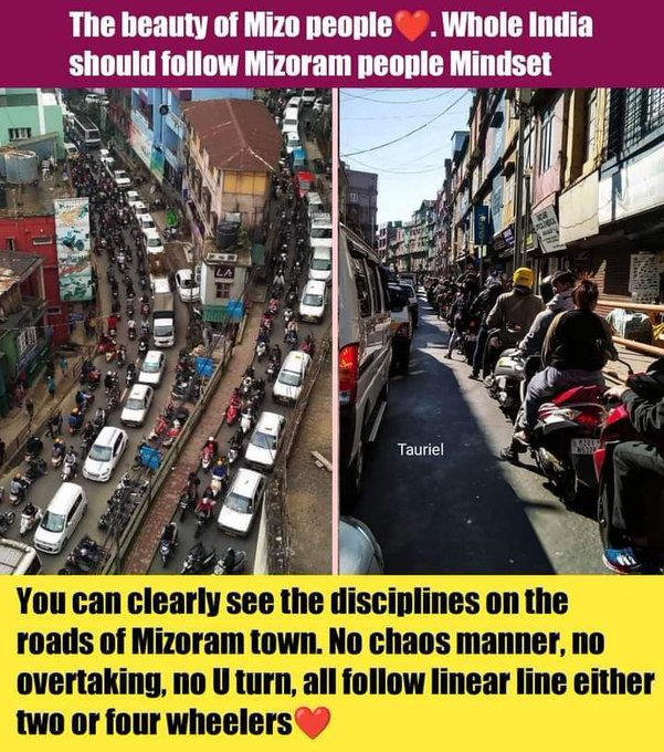 Traffic discipline in #Mizoram sets a remarkable example! With orderly lanes, courteous drivers, and respect for rules, navigating the roads here is a breeze. Let's keep up the good work and ensure safe journeys for all. #MizoramTraffic #RoadSafety