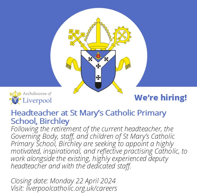 St Mary's Catholic Primary School, Birchley, are looking for a Headteacher. For more information, head to our careers page. liverpoolcatholic.org.uk/careers