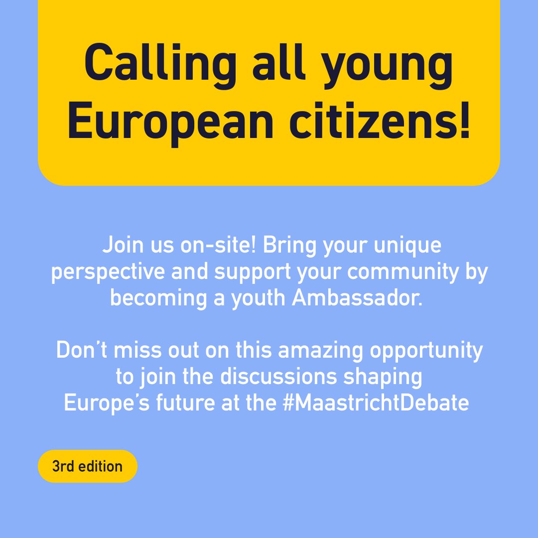 Calling all young, European citizens with a passion for politics and EU affairs! We are looking for young content creators to serve as ambassadors and join us on-site on April 29 for the #MaastrichtDebate Join the discussions shaping Europe’s future👇 maastrichtdebate.eu/engagement/bec…