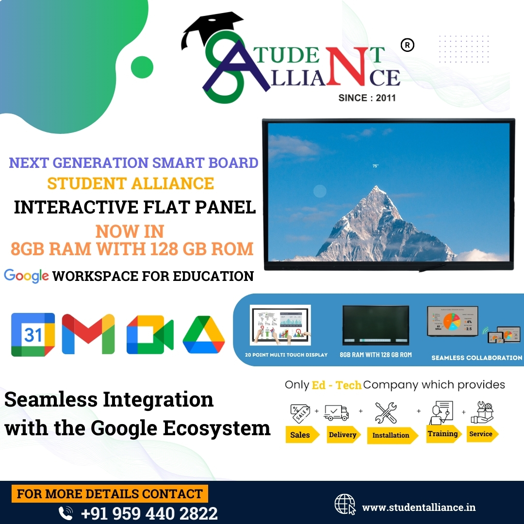 Empower the next gen with our cutting-edge Interactive Flat Panel! 🚀 Now featuring 8GB RAM & 128GB ROM, seamlessly integrated with Google Workspace for Education. Unlock limitless learning possibilities! 📚💻 #NextGenTech #InteractiveLearning #EducationEvolved #studentalliance