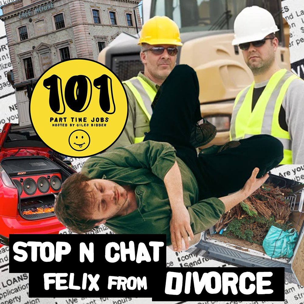 Listen to 14 minutes of Stop N' Chat with @divorce_hq Felix tells us about getting beaten up at his own gig, worryingly white trousers and the one song subject he's destined to pen Here it at linktr.ee/101parttimejobs
