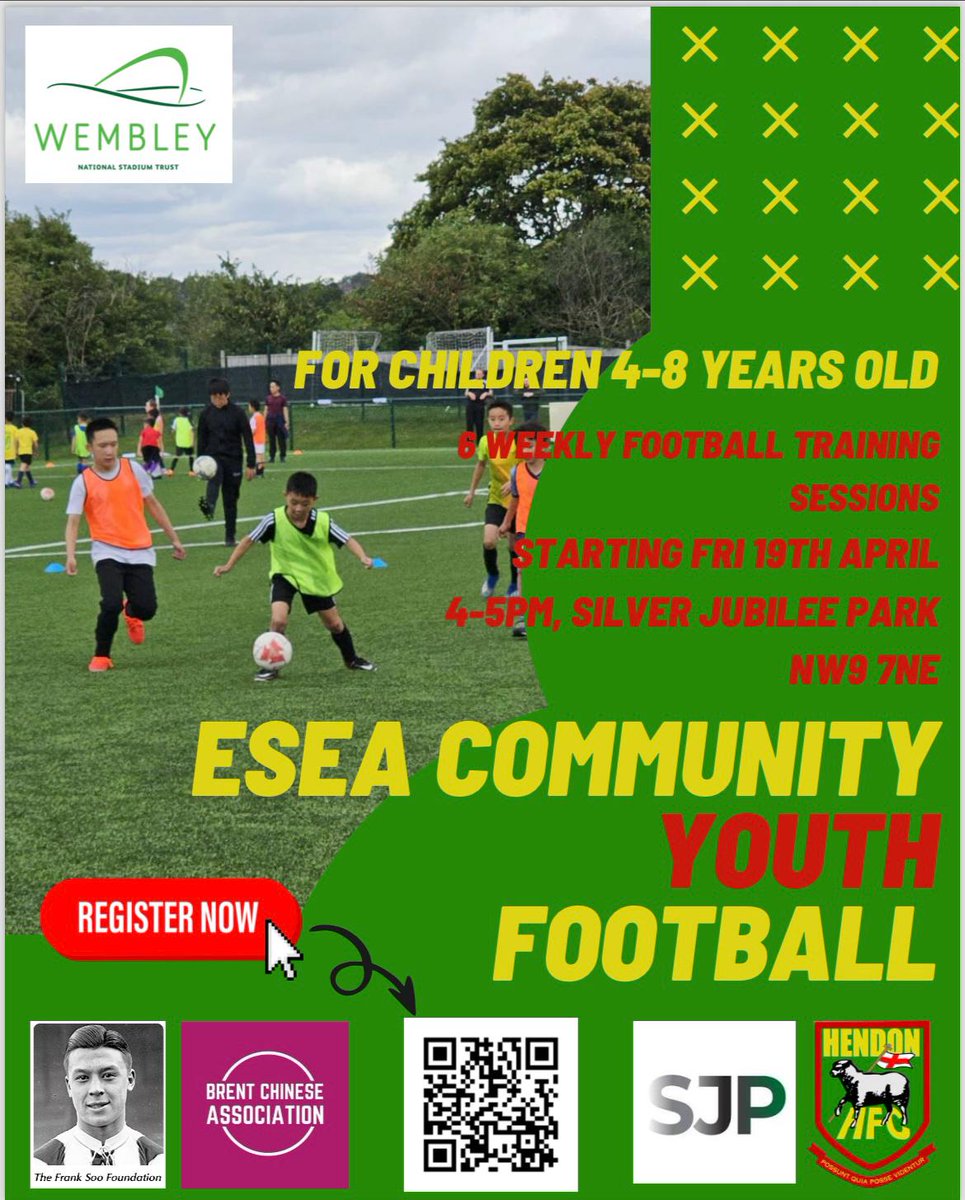 Free weekly football training sessions for children aged 4-8 from #ESEA #communities in #Brent and neighbouring boroughs #Harrow #Barnet Children from all communities welcome. Sign up to Event Launch Day on 7thApril or straight onto programme starting 19th. Use QR code