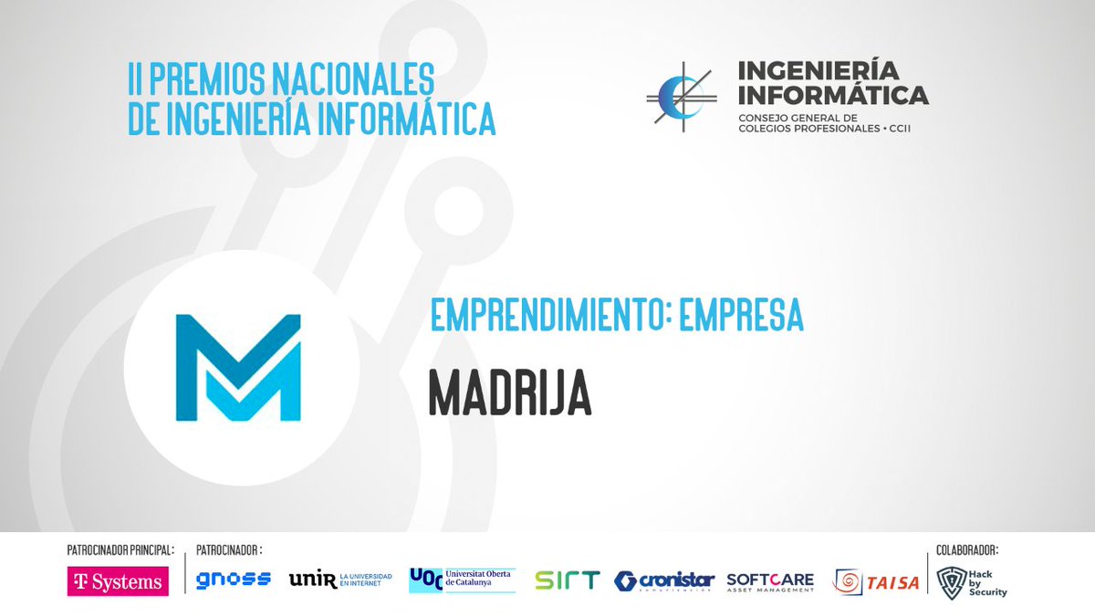 🏆 Premios Nacionales de Ingeniería Informática

🔹 Premio 'Emprendedor, empresa' - <a href="/Madrija_/">Madrija Consultoría</a> 

📲 ¡Conoce a quienes recibirán su trofeo esta tarde!

ccii.es/premiosnaciona…

#IngenieríaInformática
#PremiosCCII