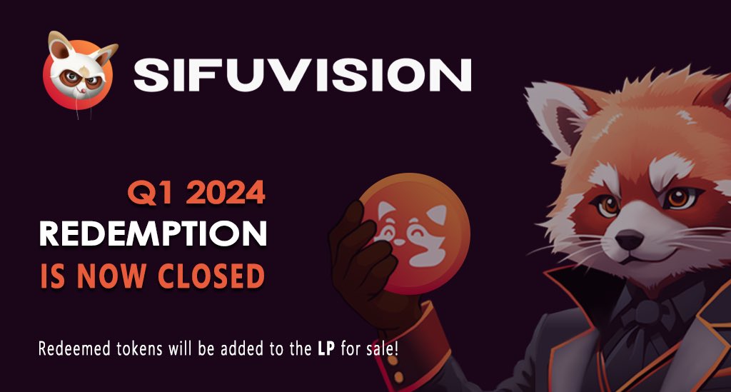 The SifuVision Q1 2024 Redemption has now concluded!

🔸26,291 Sifu have been redeemed for $2,629,100, amounting to 2.62% of our tokens in circulation.

🔸These tokens will be added to the LP for sale!