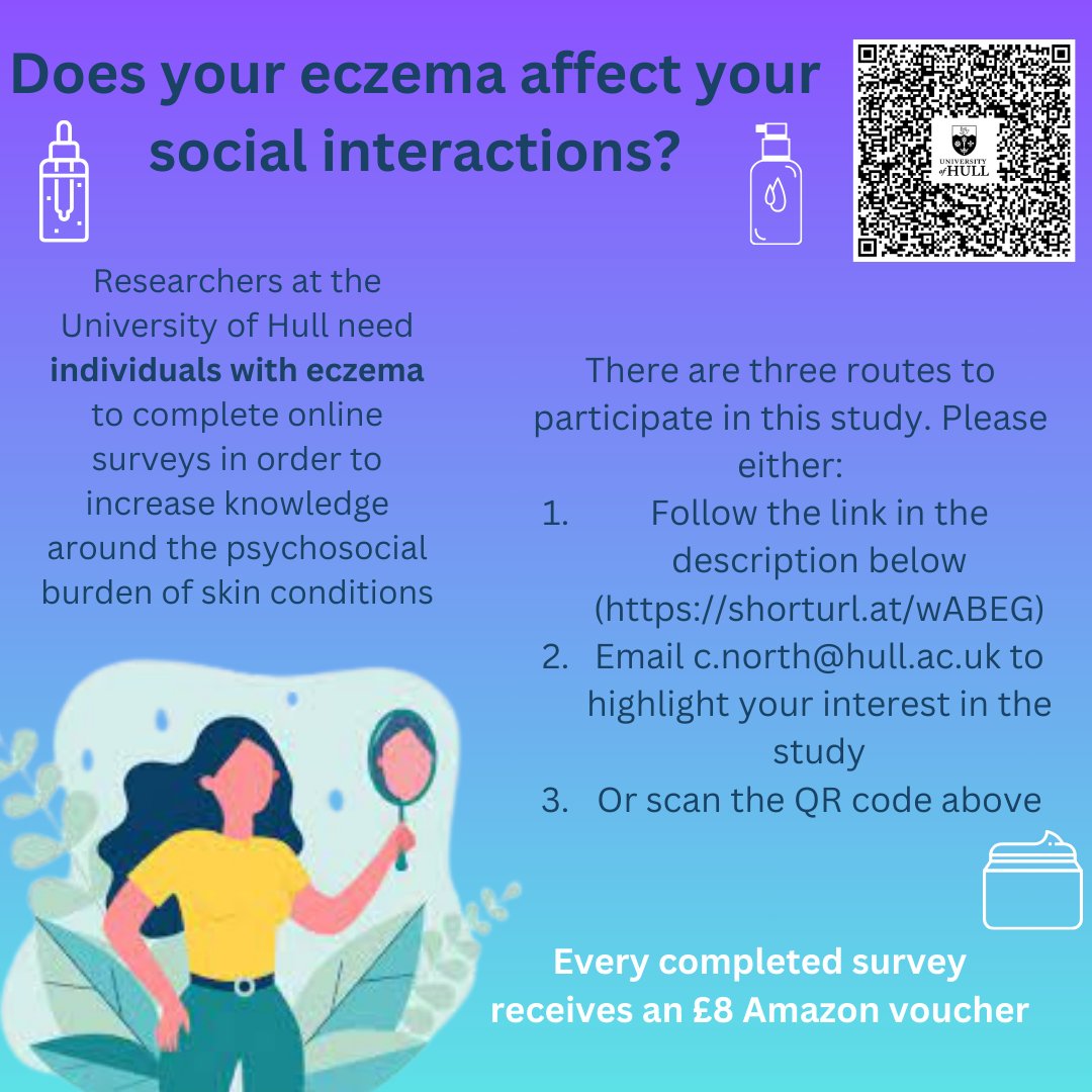 Do you have eczema or know someone that does? Would you like to see more research on the psychological impact of living with eczema? If the answer to any of these 2 questions is YES then please help us find volunteers for a new study. Please RT.  #Eczema #Skin #dermatology