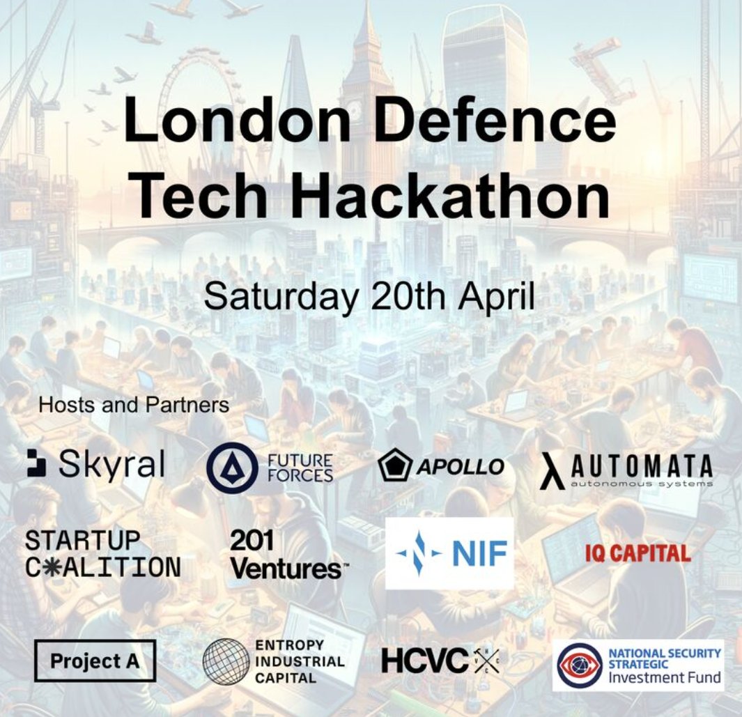We are excited to be co-organising the inaugural London Defence Tech Hackathon with <a href="/skyralgroup/">Skyral</a> , <a href="/apollo_defense/">Apollo Defense</a> , @lambda_automata  and D3 Venture Capital. We are getting UK's best young engineers to solve Ukrainian frontline problems alongside military end users in London.