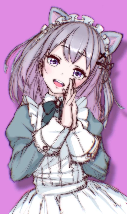 猫耳メイド幽夏さんがめっちゃ良かったのでババっとラフ描いたけど、満足した出来る限りREALITYモデルのバランスのまんま描こうとはしてるけど似ない、難しい#顔面つよつよれーちゃん 