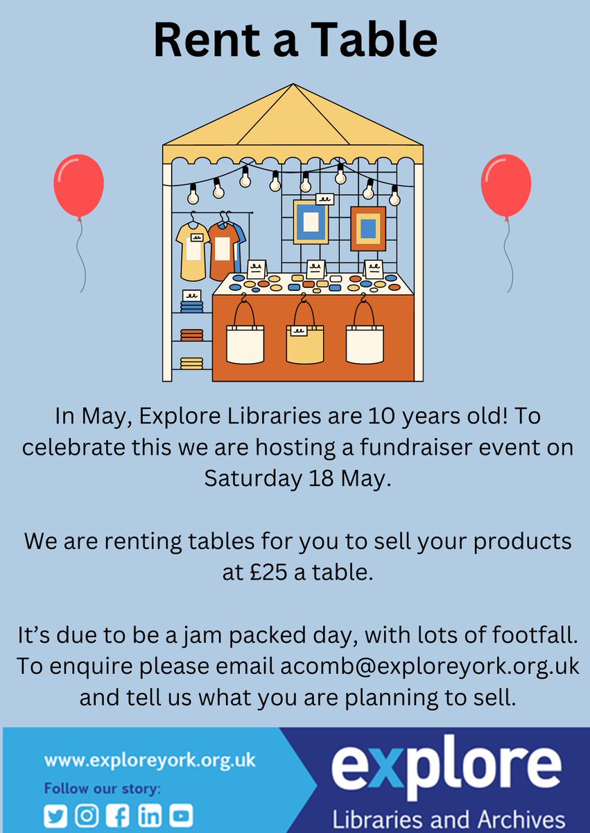 We only have two tables left to hire for our BIG Explore birthday celebration! Are you a keen crafter 🧶, a creative 🎨 or someone who makes wonderful things? Secure your table today, email for more information at acomb@exploreyork.org.uk or call 01905 552651.