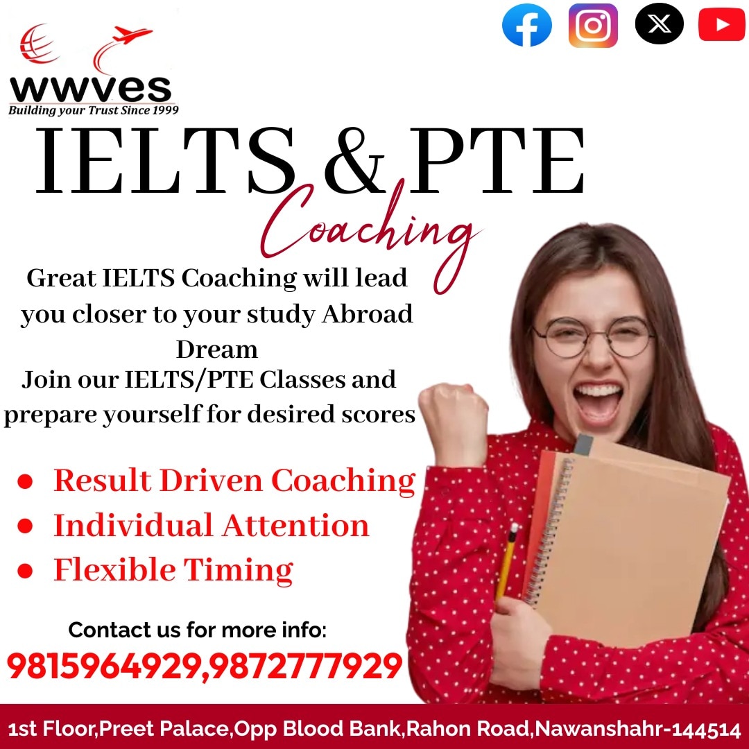 IELTS & PTE Coaching
Great IELTS Coaching will lead your closer to your study Abroad
Join our IELTS Classes and prepare yourself for desired scores
Result driven coaching
Individual Attention 
Flexible Timing

#ieltspteclasses#ieltspreparation#ptepreparation#bestteachers