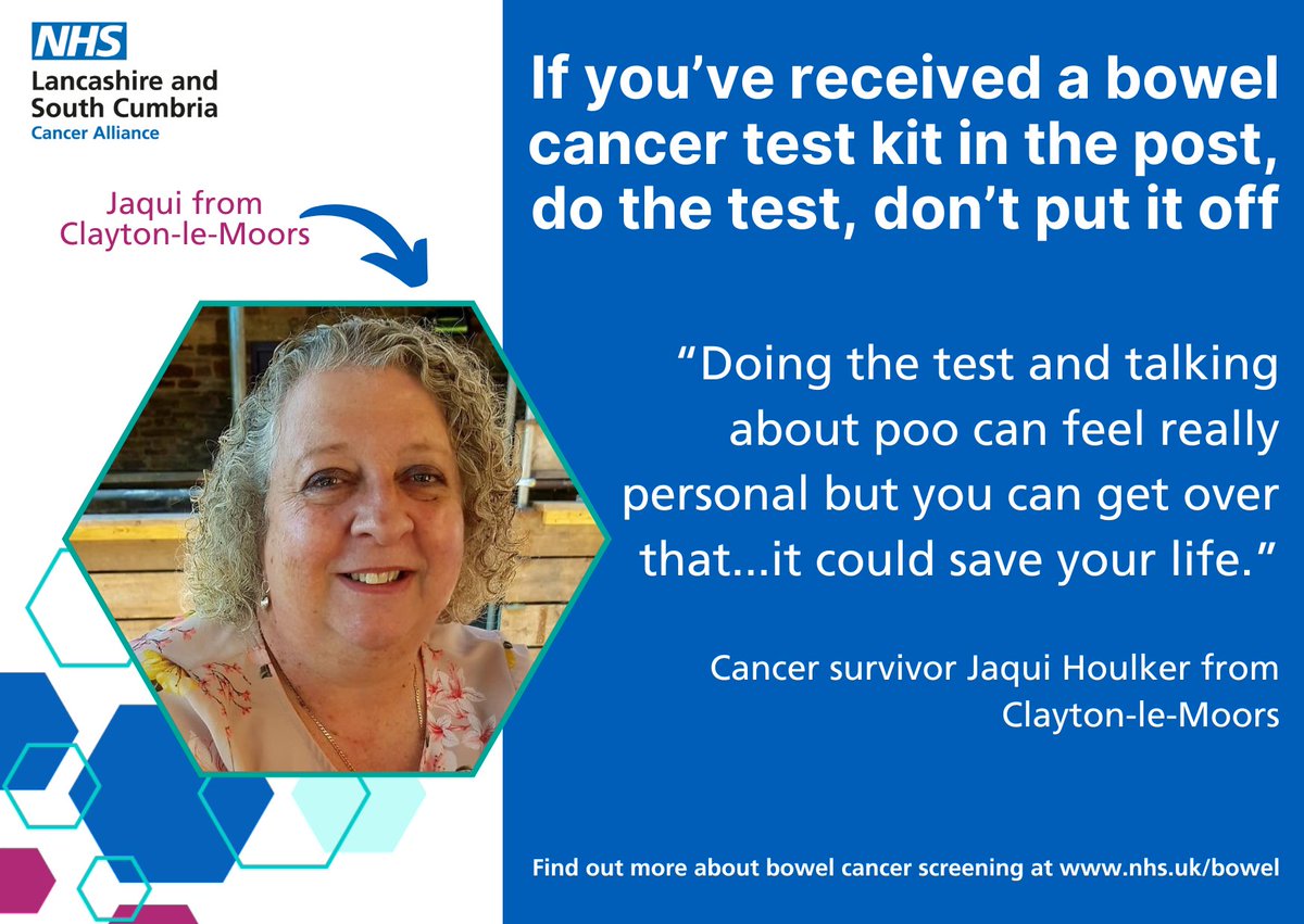 Lancashire and South Cumbria ICB (@lscicb) on Twitter photo A cancer survivor from Lancashire is encouraging anyone who is sent a screening kit to take up the offer.
The kit helps you to collect a small sample of your poo so that it can be sent to a lab and checked for any small traces of blood.
<a href="/LSC_CA_ALLIANCE/">Lancashire and South Cumbria Cancer Alliance</a> A cancer survivor from Lancashire is encouraging anyone who is sent a screening kit to take up the offer.
The kit helps you to collect a small sample of your poo so that it can be sent to a lab and checked for any small traces of blood.
<a href="/LSC_CA_ALLIANCE/">Lancashire and South Cumbria Cancer Alliance</a>