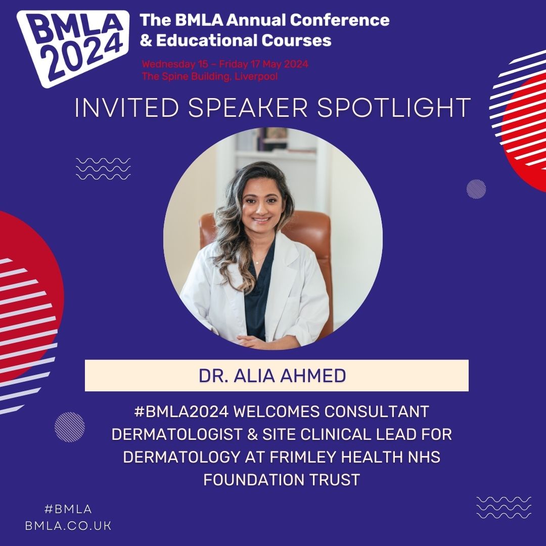 Dr  Alia Ahmed, Consultant Dermatologist and Site Clinical Lead for  Dermatology at Frimley Health NHS Foundation Trust, will be sharing her vast knowledge on Psychodermatology during the 'The Vasant Oswal  Oration' plenary: Thursday, 16 May #BMLA2024 #lasers   #dermatology