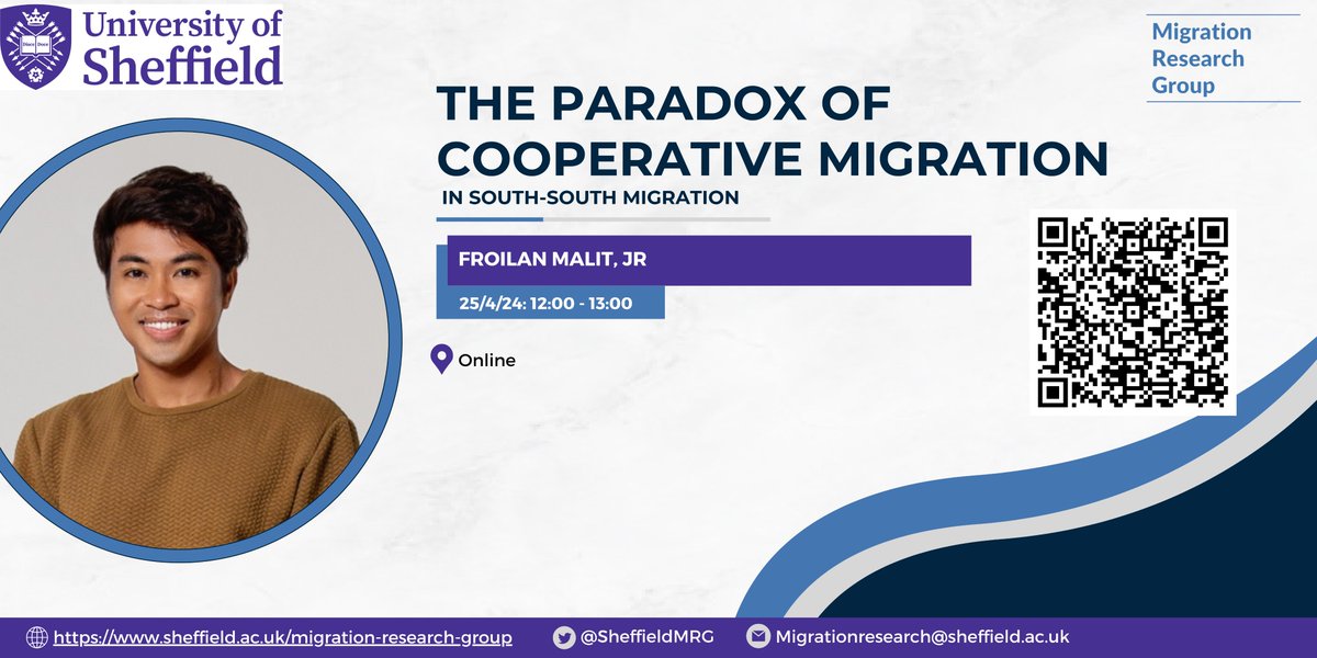 This week: We're excited to have @malit_jr
 join us online to talk about the paradox of cooperative migration!

📅 25/4/24
⏲️ 12pm (UK)
📍Online

Register here for the joining link: sheffield.ac.uk/migration-rese…