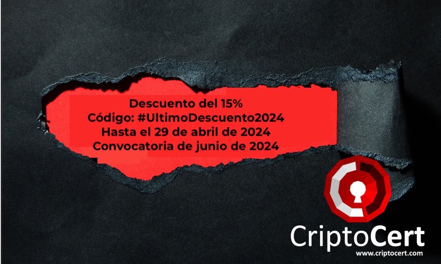 Descuento del 15% en la certificación @CriptoCert Certified Crypto Analyst, 501€+IVA, hasta el 29/04/2024 para la convocatoria de examen de junio 2024:

#UltimoDescuento2024

Aprende sobre criptografía y privacidad:
criptocert.com

¡Apúntate!
<a href="/criptored/">Criptored</a>
