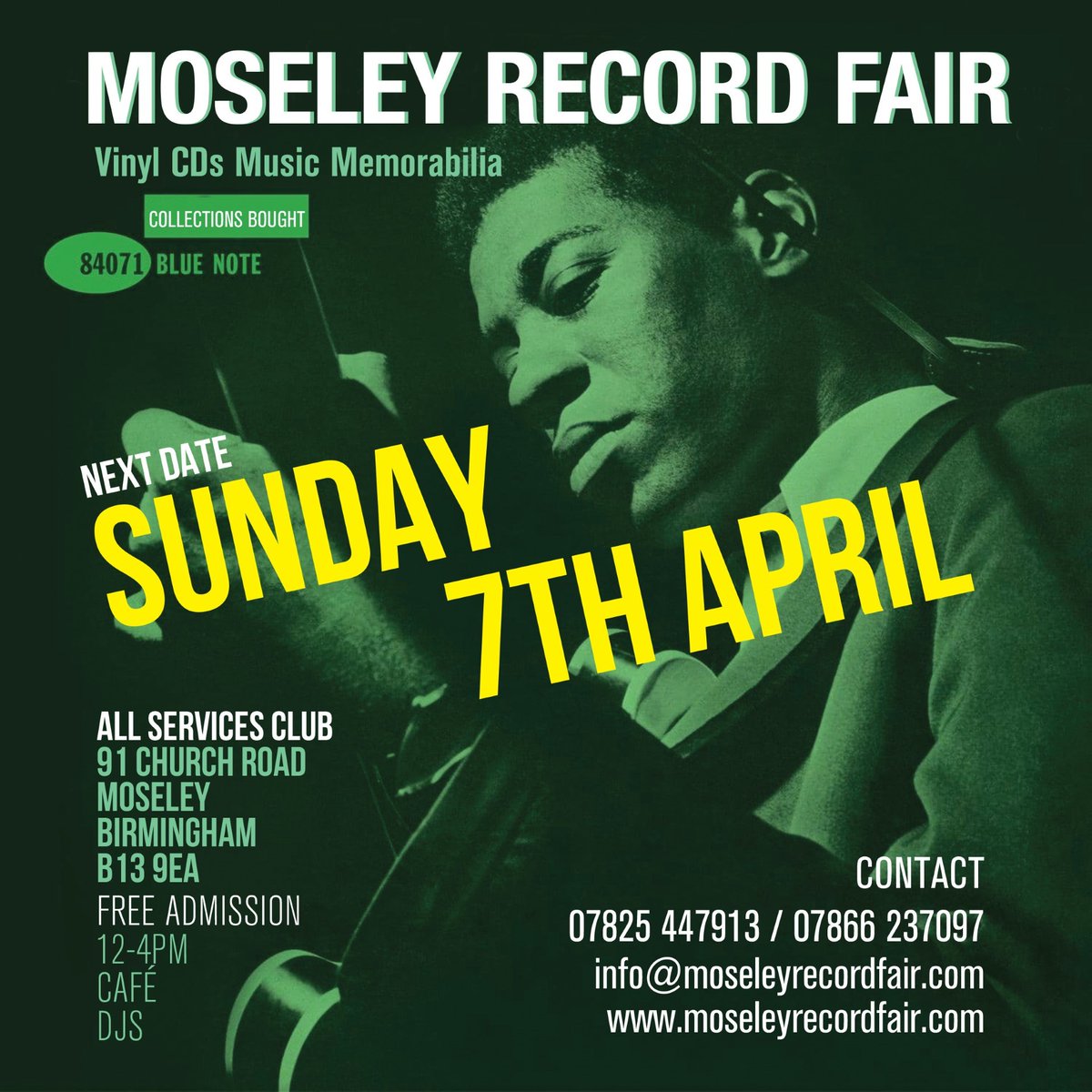 TWO DAYS TO GO! Moseley Record Fair, Sunday 7 April. 12-4pm, FREE ENTRY. All Services Club, 91 Church Road, #Moseley, B13 9EA. Cafe, NEW sellers, DJs. Spread the word please folks! 👍 #RecordFair #Vinyl