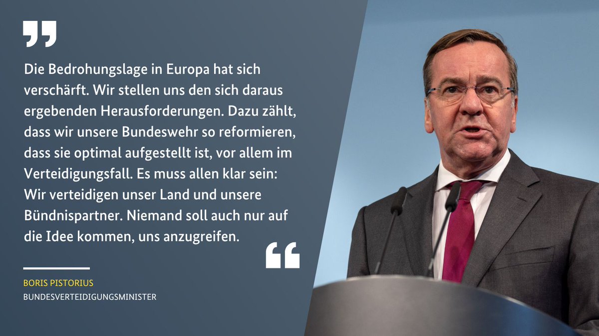 Bundeswehr der #Zeitenwende: Minister #Pistorius stellt heute seine Entscheidung zur Strukturreform der #Streitkräfte vor. Mit flexibleren und effizienteren Strukturen wird die Landes- und Bündnisverteidigung zeit- und bedrohungsgerecht sichergestellt.