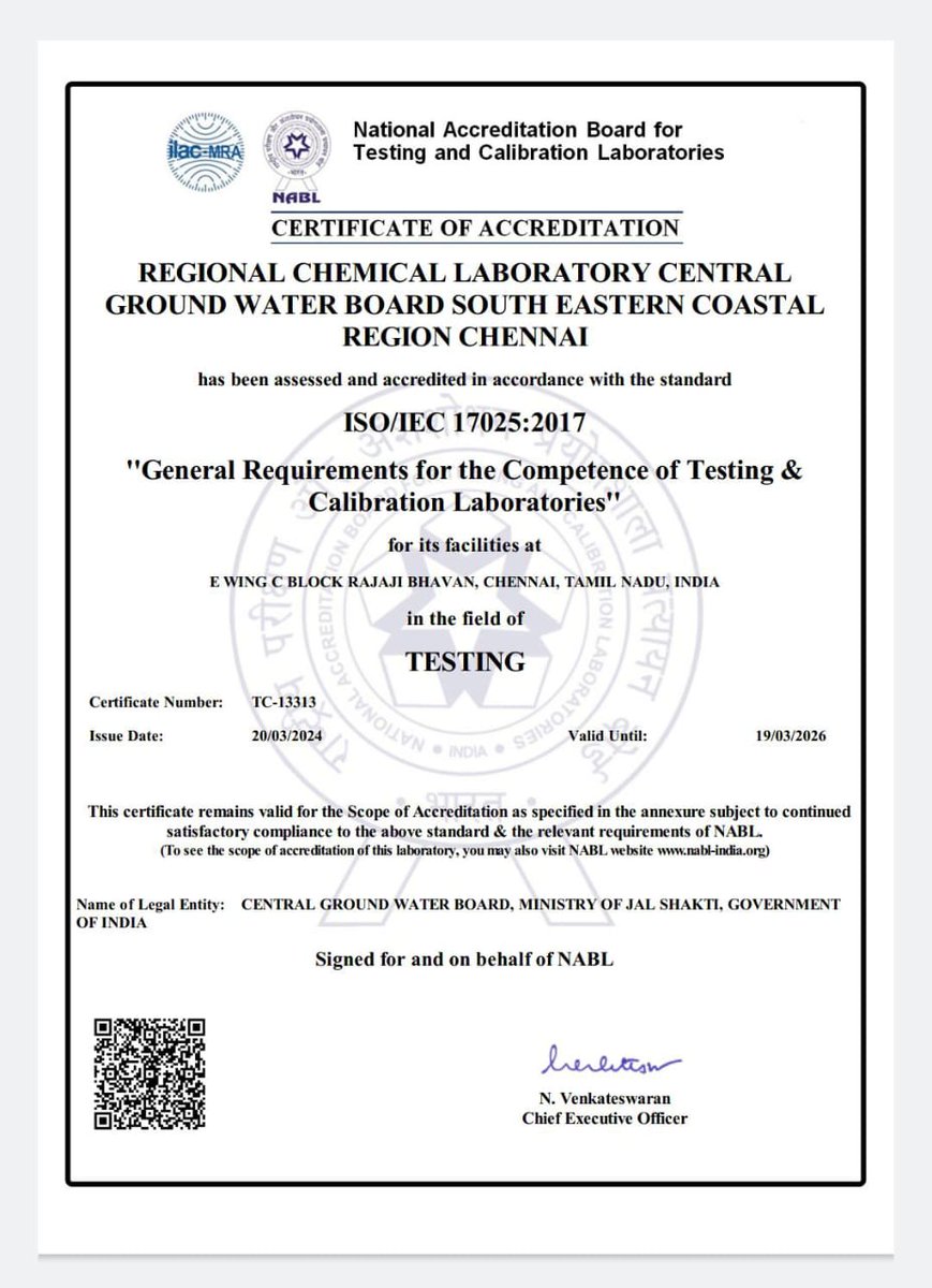 CGWB SECR Chennai Regional Cheminal Laboratory has received NABL Accreditation. @DoWRRDGR_MoJS