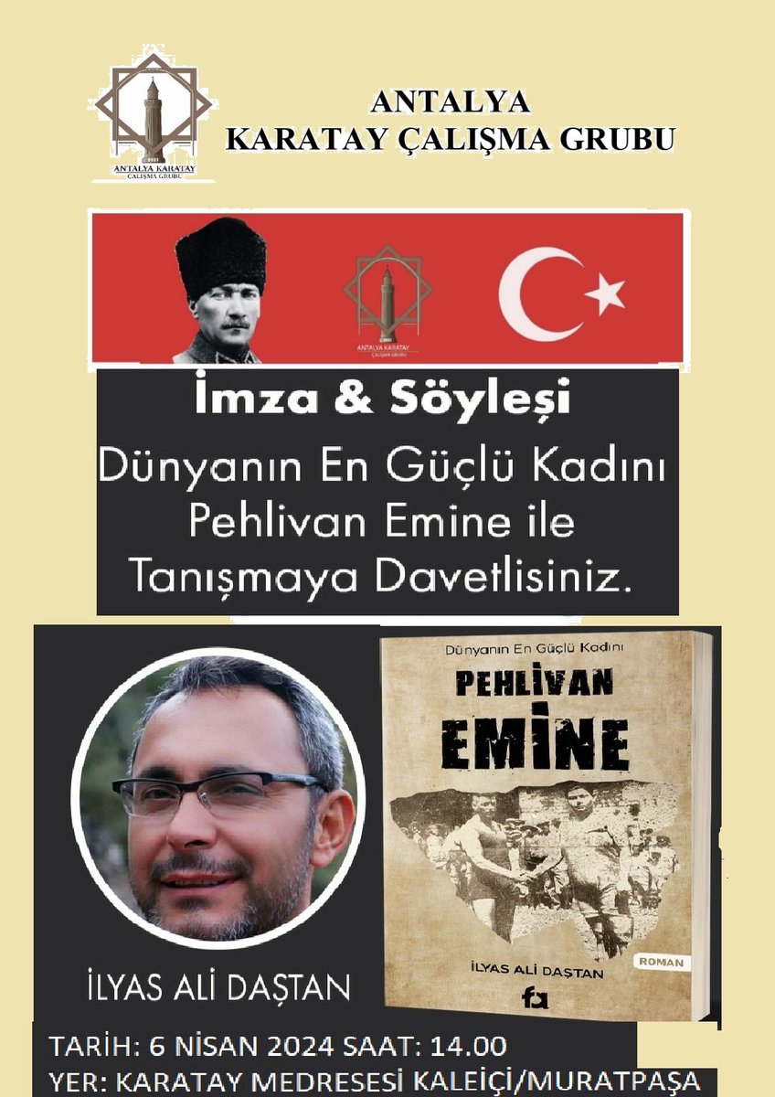 Sevgili Dostlarım,

6 Nisan 2024 Cumartesi günü saat 14.00 de Karatay Medresesi Kaleiçi/Muratpaşa'da imza ve söyleşi için bekliyorum.

#pehlivanemine
#dünyanınengüçlükadını #güreş #ilkkadıngüreşçi
#fakitap

👇 İmzalı kitabıma linkten ulaşabilirsiniz 
shopier.com/kitapca