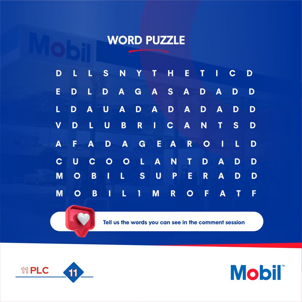 How many words can you see... Drop your comments below 👇

#wordpuzzle #puzzlelover #mobillubricants #mobilengineoil #viral #triviathursday #explore