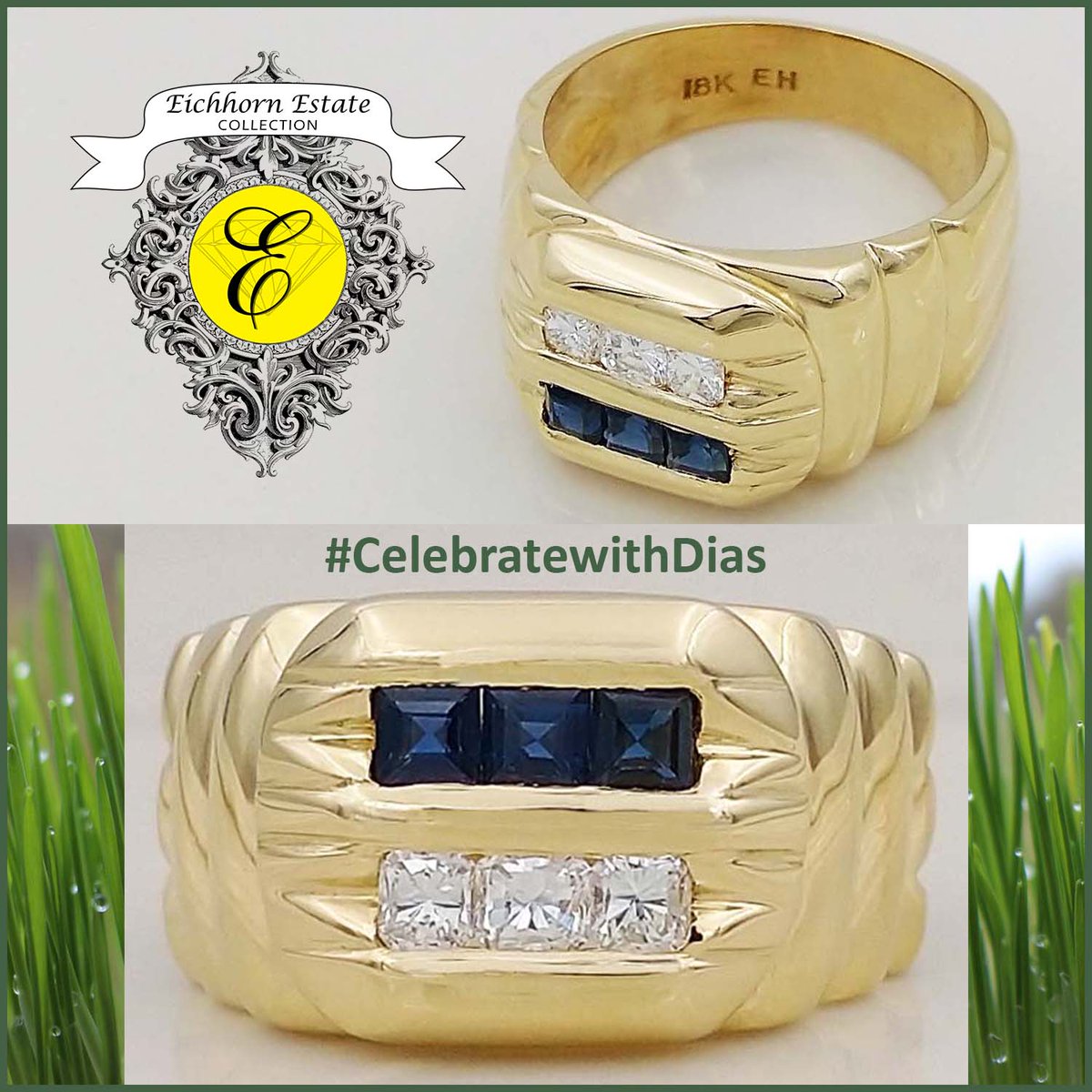 18K yellow gold Ring with 3 square-cut Blue Sapphires = .40ctw and 3 quadrillion-cut Diamonds = .36ctw, size 8. From Our Estate Collection $5,000. eichhornjewelry.com/estate-collect… #start2sparkle #alwaysthinkDIAMONDS #1diamondatatime #CelebratewithDias #ColorWithYourDias #estatejewelry