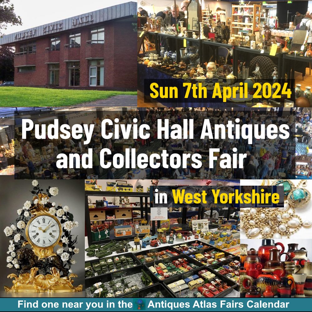 7th April Pudsey Civic Hall Antiques Fair More details on this link antiques-atlas.com/antique_fair/p…  jewellery, glass, porcelain, vintage, collectors toys, gold, silver, retro. From Dualco Fairs
@Dualcofairs
#fairscalendar #antiques #antiquefair #WestYorkshire