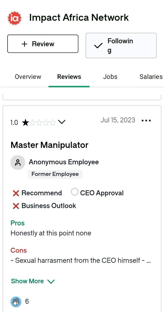 C_NyaKundiH's tweet photo. Hi Nyakundi. I would like to bring to your attention a company located in Westlands by the name of Impact Africa Networks. The company is registered as an NGO in the US and receives a considerable amount of money to improve the lives of young graduates. But this company pays its interns 25k per month instead of the agreed amount of USD 750 per intern according to their financial plans. The the company also fires its employees under flimsy reasons such as refusal to engage in sexual activities with the CEO. They also do not remit PAYE taxes to KRA, which has messed up very many employees. I urge you to tag KRA and DCI to investigate this matter. You can find more evidence on Glassdoor by searching for Impact Africa Networks reviews. It is surprising that the NGO board has not yet flagged the company.