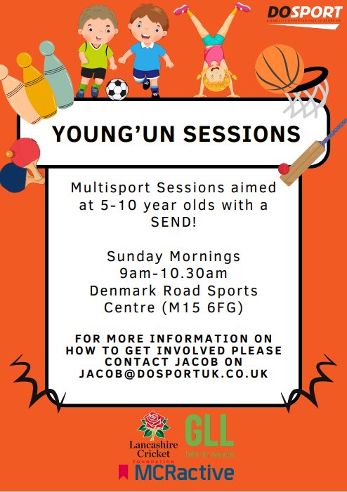 Time for the SEND young guns! Multi-sports and cricket sessions for 5-10 year-olds, every week starting May 12th @DOSportCoaching email Jacob on the flyer or myself at alayton@lancashirecricket.co.uk for any more info.