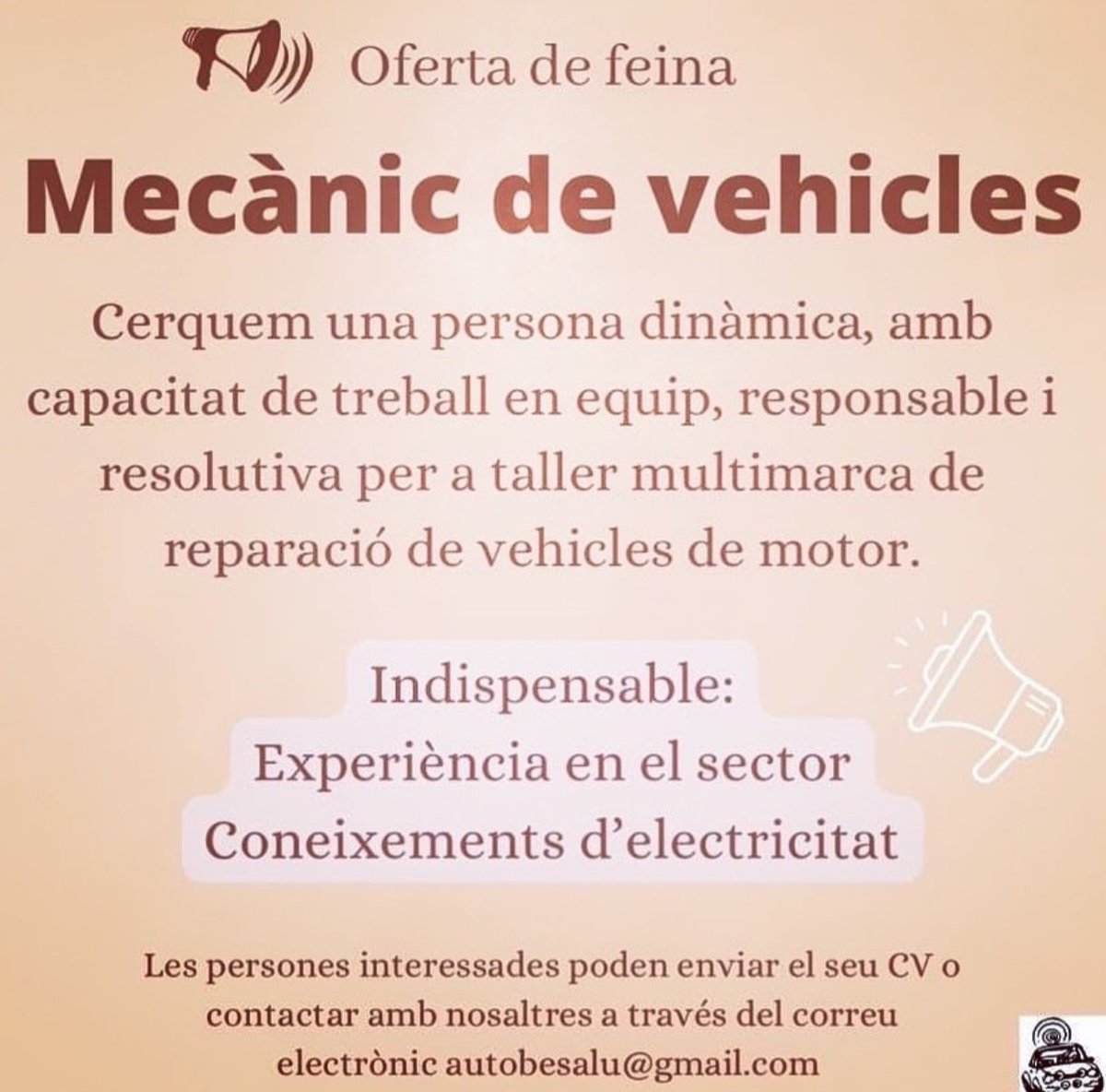 AutoBesalu's tweet photo. Oferta de feina!
#OfertaLaboral 
#besalu
#garrotxa
#pladelestany https://t.co/17l6WqDCC1