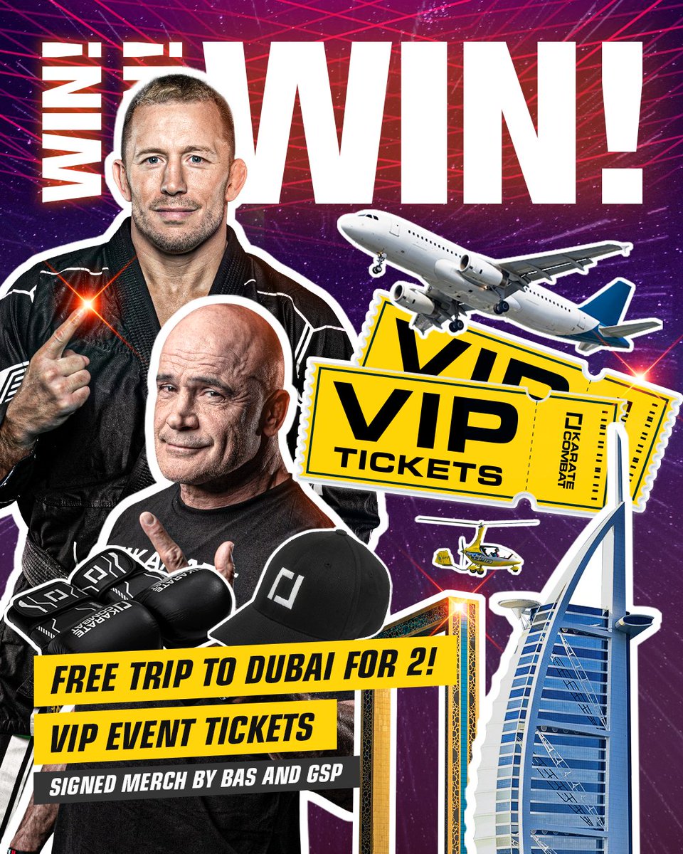 We're excited to announce the #KC45 Dubai giveaway 🏆 Grand Prize: Trip for 2 to Dubai, VIP tickets, hotel stay & meet martial arts legends! 🥋 Signed Merch By Bas Rutten & GSP. 🛍 Official Karate Combat Swag. Enter at karate.com/giveaway & be part of the action! ✈️🥊