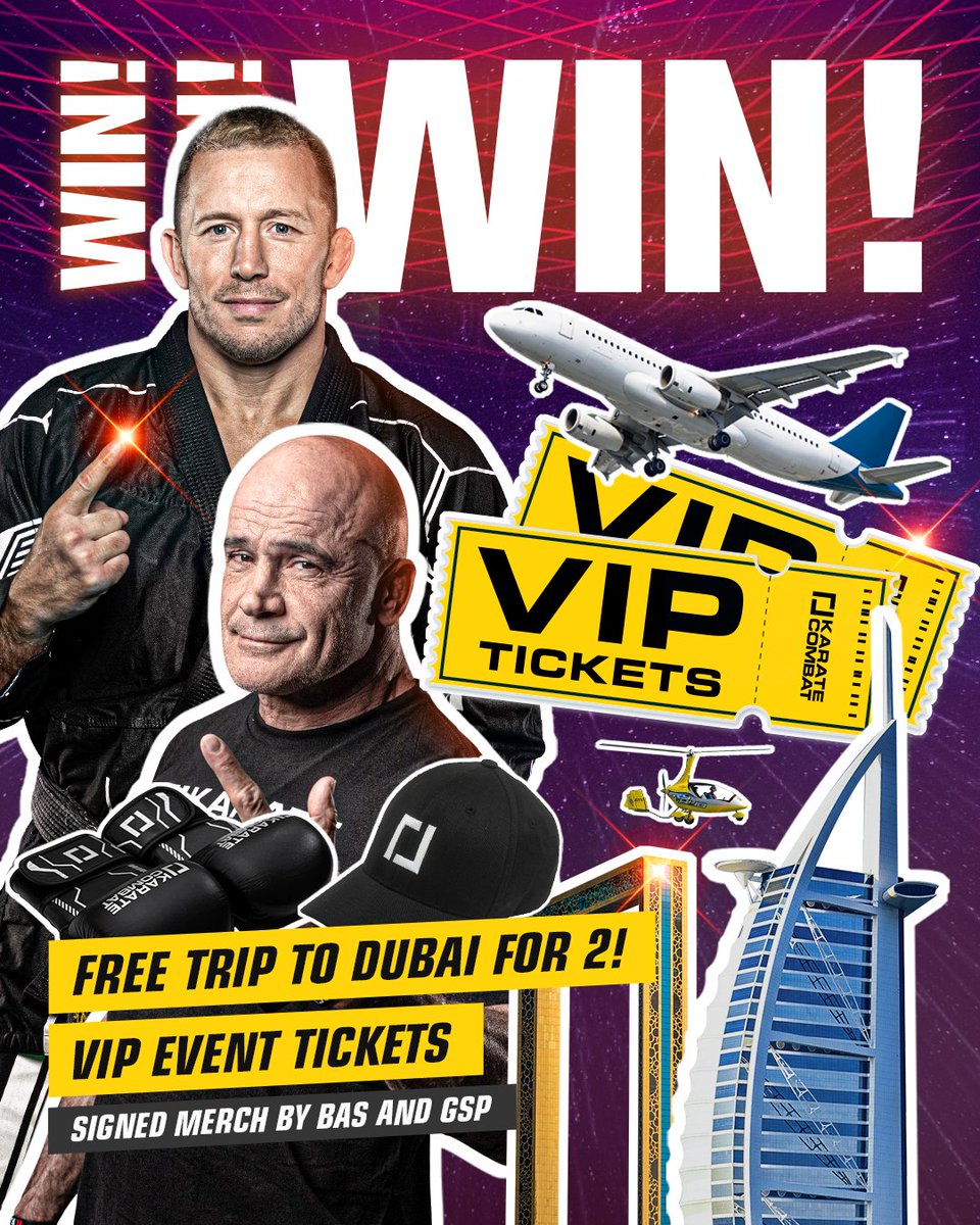 KarateCombat's tweet image. We&apos;re excited to announce the #KC45 Dubai giveaway

🏆 Grand Prize: Trip for 2 to Dubai, VIP tickets, hotel stay &amp;amp; meet martial arts legends!

🥋 Signed Merch By Bas Rutten &amp;amp; GSP.

🛍 Official Karate Combat Swag.

Enter at karate.com/giveaway &amp;amp; be part of the action! ✈️🥊