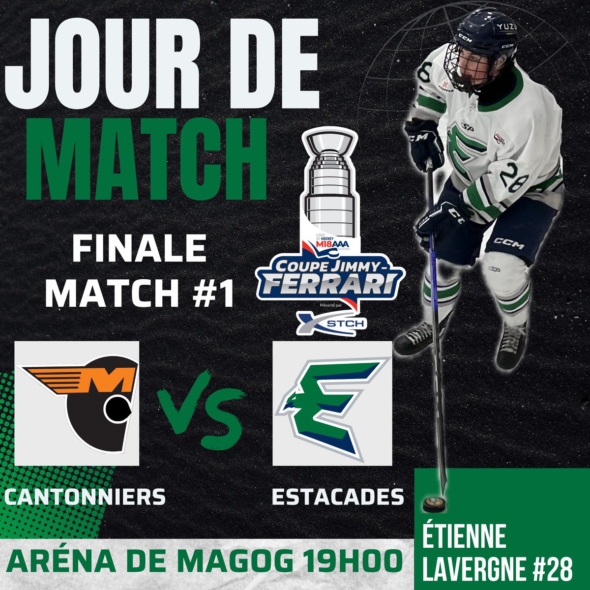 JOUR DE MATCH ‼️💥 Et oui c’est l’heure du début de la grande finale 🤩 Pour l’occasion, les Estacades sont sur la route pour y affronter Les Cantonniers de Magog à 19h00 à l’aréna de Magog! Nous serons sur place pour vous offrir du contenu sur nos différentes plateformes!