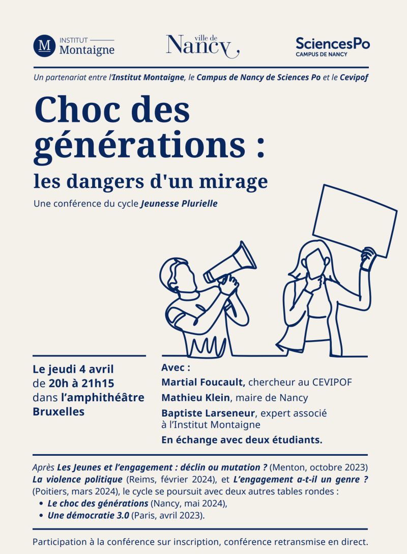 🗓️ RV jeudi 04/04/2024 à 20h #tableronde « Le choc des générations, les dangers d'un mirage ? » avec notamment @MartialFoucault @CEVIPOF @sciencespo @ScPoResearch 💡 Sciences Po, Campus de Nancy, Amphithéâtre Bruxelles + d'infos ⤵️