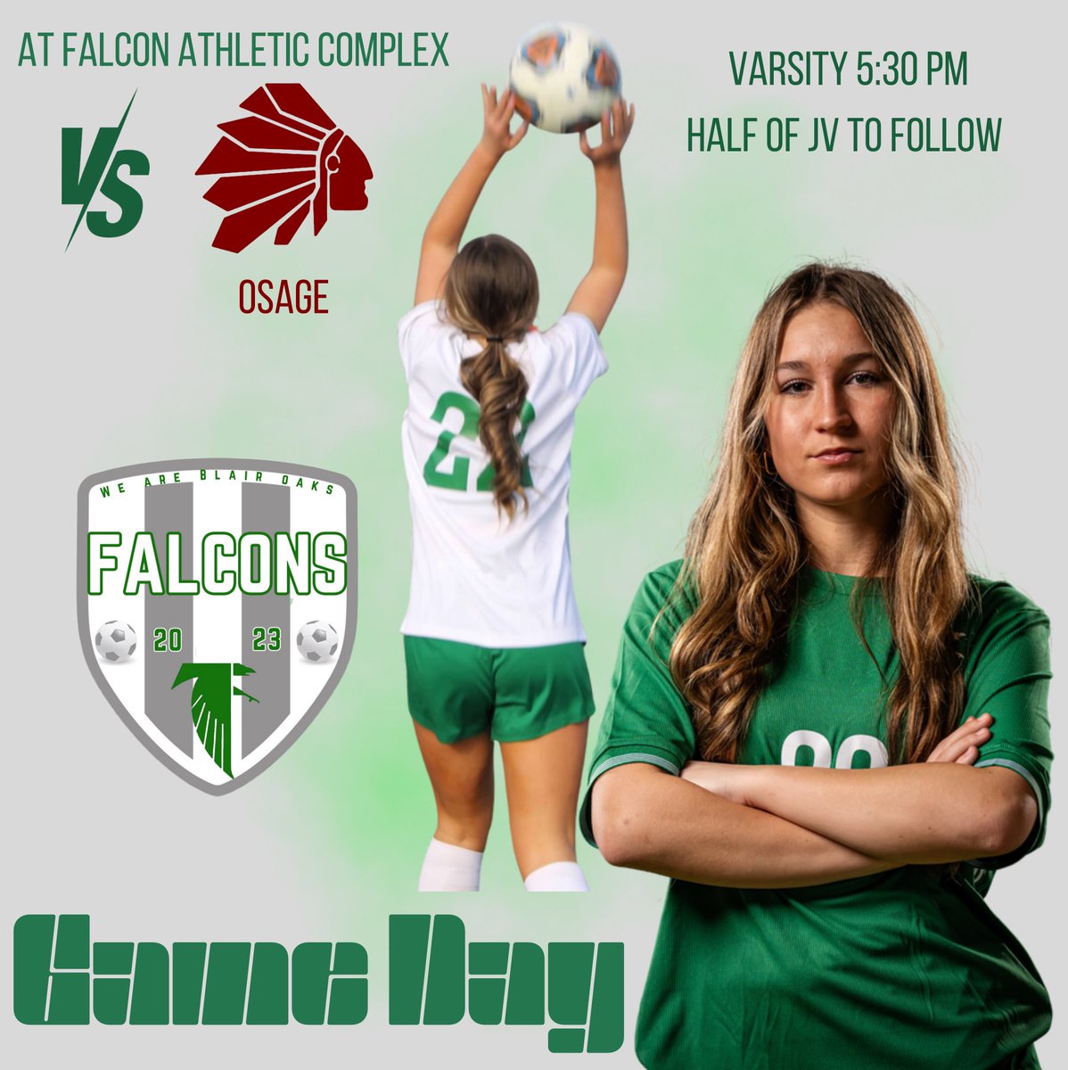 💚Game. ⚽️ Day. 🤍 Varsity with half of JV to follow 📍 Falcon Atheltic Complex ➡️ Lady Indians 🕰️ 5:30PM #SoccerSquad2 #WeAreBlairOaks #MOsoccer @ClayCrouch3 @NTsports @actionjaxon05