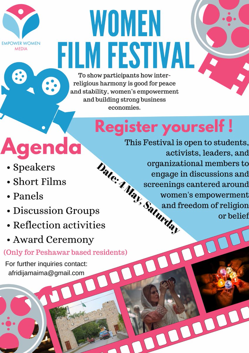 First ever Women Film Festival in Peshawar 🎉 We have limited seating. Please register today. Registration: docs.google.com/forms/d/e/1FAI… This event is only for Peshawar-based residents For more details contact me Jamaima Afridi EWM Film Festival Director afridijamaima@gmail.com