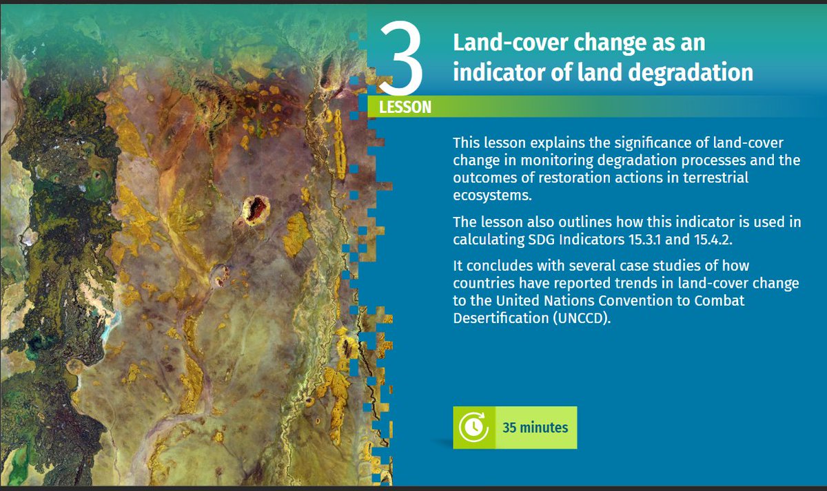 Land cover is a key indicator for land degradation by tracking negative changes and the types of land that are susceptible. Our e-learning course on the @FAO E-learning academy provides a deep dive into the topic. Check it out👇 elearning.fao.org/course/view.ph… #SDG15 #UNited4land #ldn