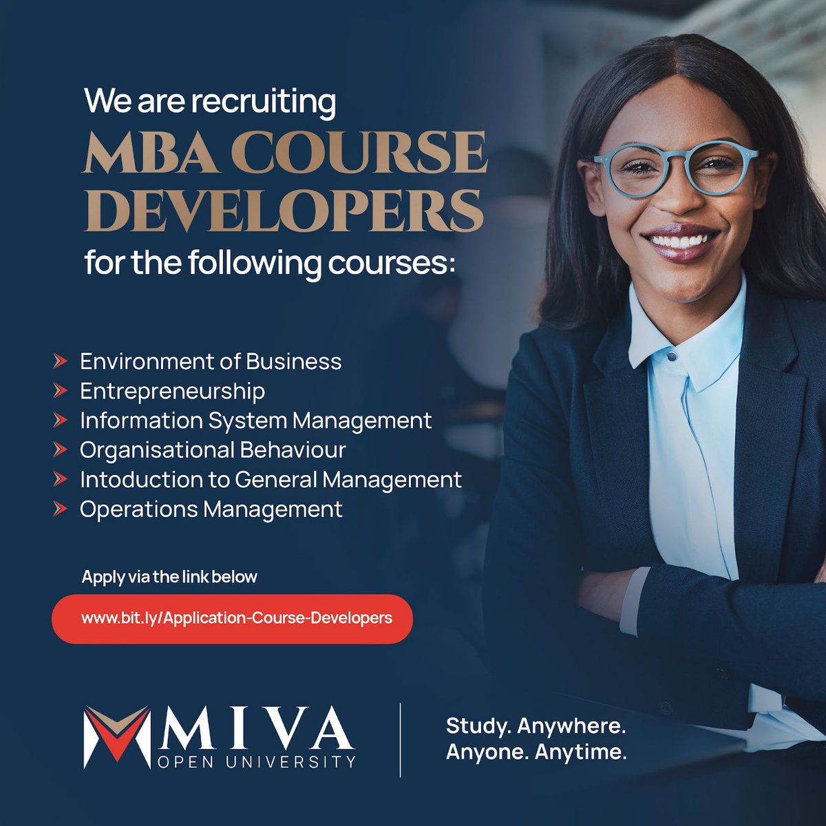 We are recruiting MBA course developers.

Visit bit.ly/Application-Co… to apply.

#MivaOpenUniversity #JobOpening