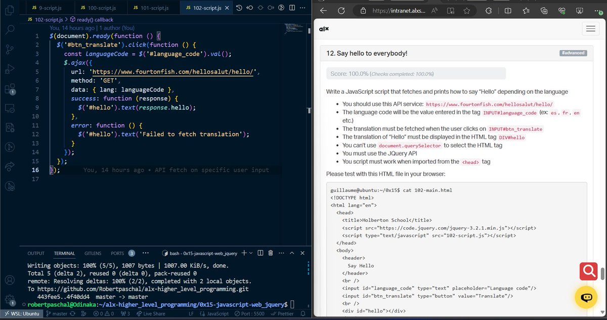 paschals_robert's tweet image. I wrote a JavaScript script using AJAX that fetches and prints how to say “Hello” depending on the language.
#ilovejquery #DoHardThings #ALX_SE #100DaysOfALXSE