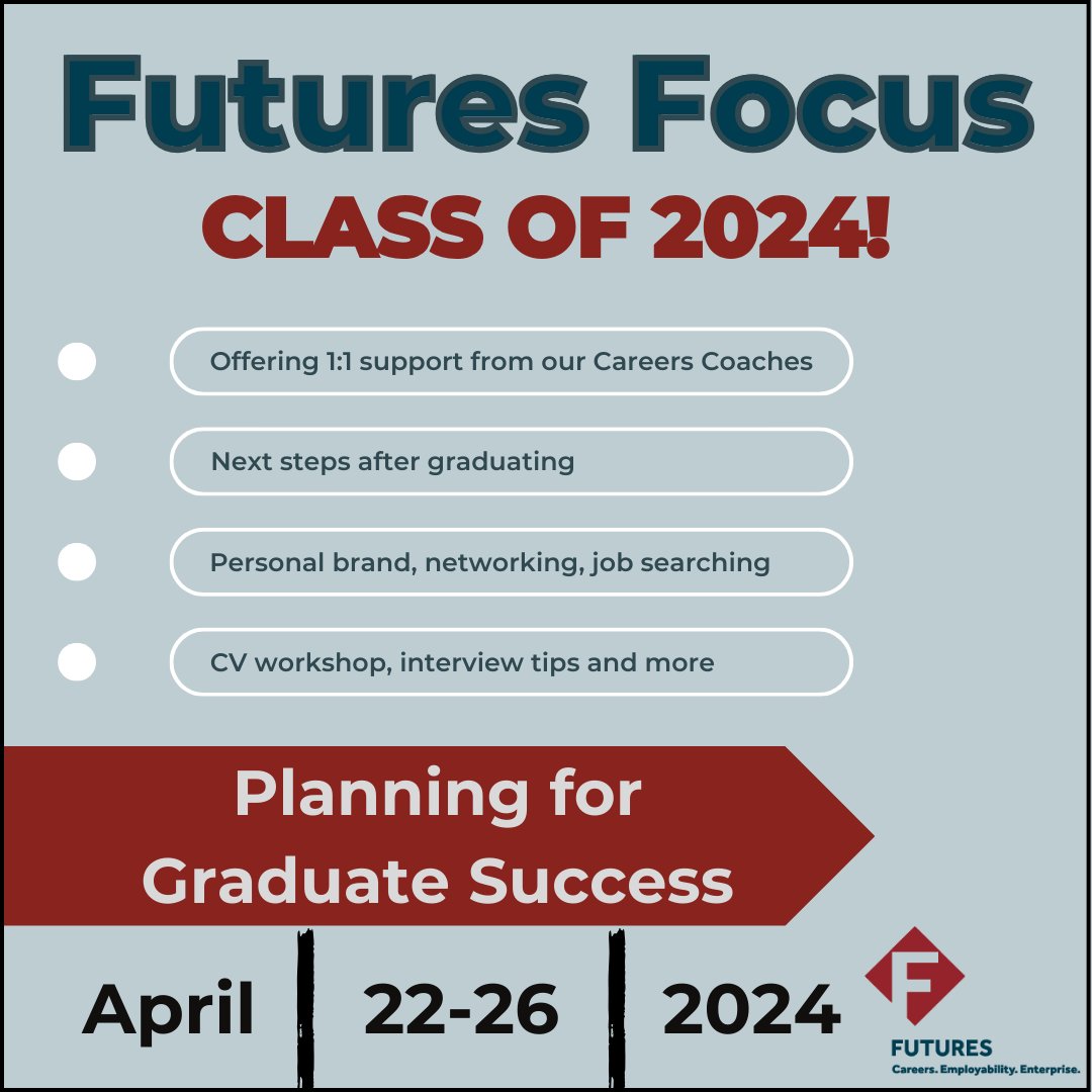 📢@marjonuni Class of 2024! Futures Focus – Planning for Graduate Success – 22nd-26th April. Drop into the Careers Cube Monday - Thursday between 11am - 1pm to speak to one of our friendly careers advisers Follow us on social media to find out more.